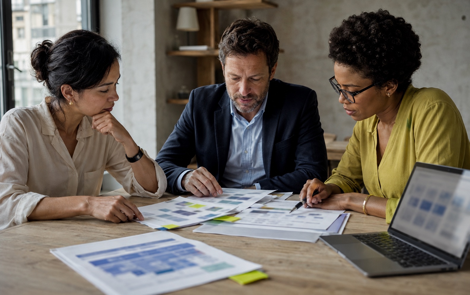 Three professionals comparing software proposals at a shared table